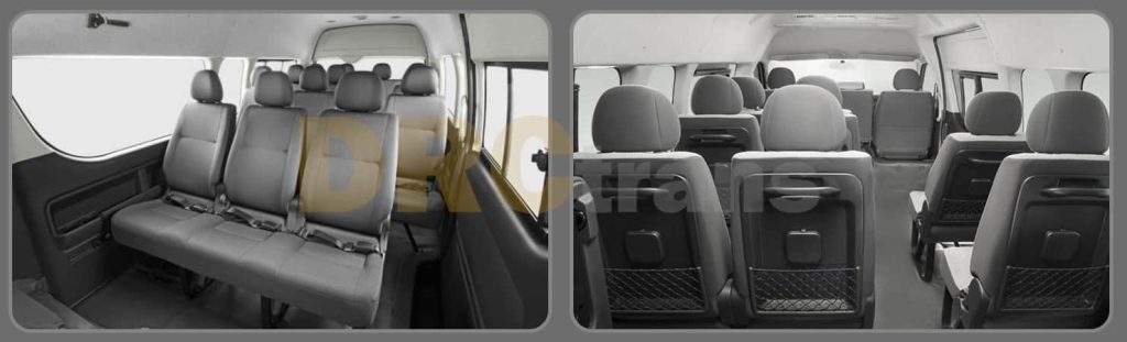 Cabin Penumpang Toyota HiAce Commuter tampak depan dan belakang